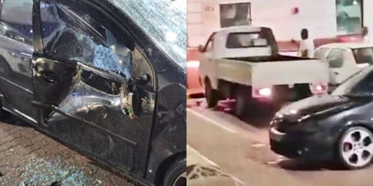 WATCH: Bakkie rams car in petrol station clash